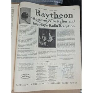 Raytheon‎ "Removes B-batteries and Improves Radio Reception" 1927 print ad